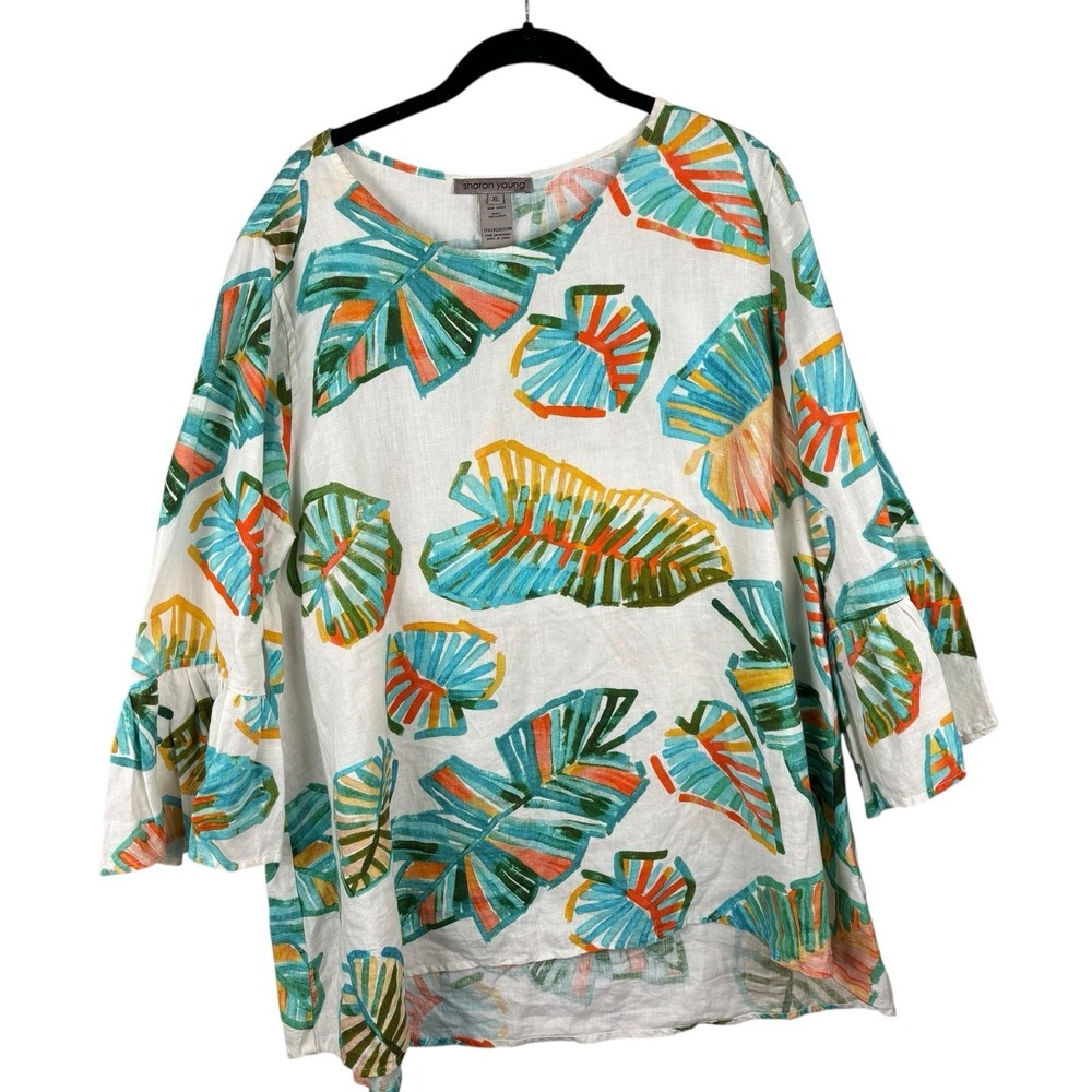 Sharon Young Womens Shirt Blouse Linen Popover XL Tropical Beach Ruffle Sleeve